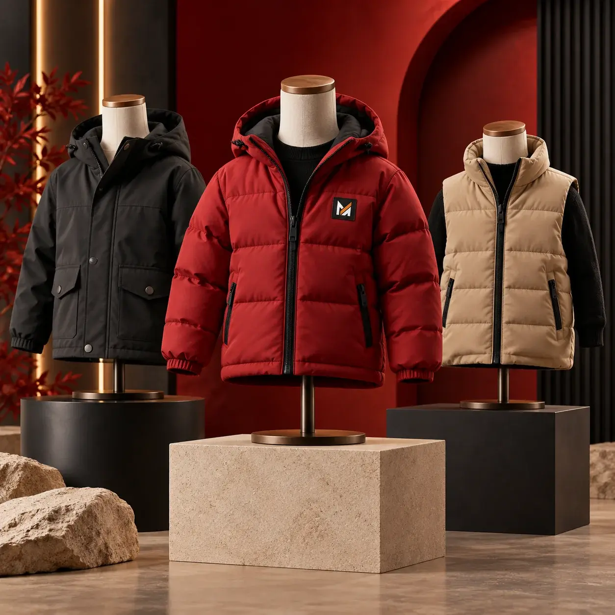 Kids outerwear displayed on mannequins, featuring a black hooded jacket, red puffer jacket with a Mega Apparel logo, and beige padded vest in a premium studio setting.